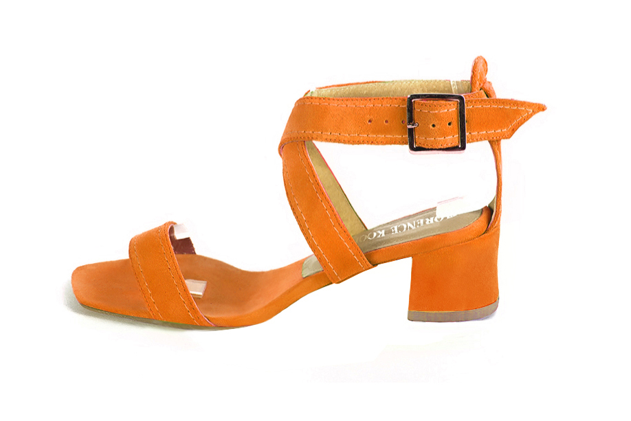 Women's apricot orange elegant fully open cross straps sandals. Square toe. Low flare heels - Profile view